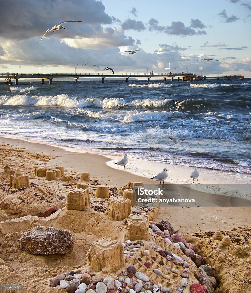 Unquiet Baltic Sea Sand castles on the beach of Rugen island in the Baltic Sea Binz - Ruegen Stock Photo