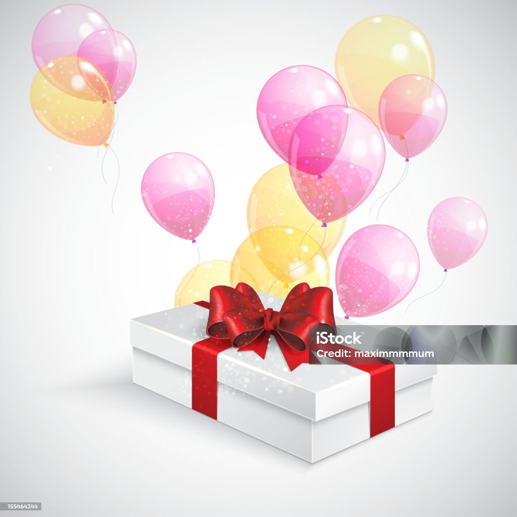Caixa de presente com laço vermelho transparente e voando balões - Vetor de Alegria royalty-free