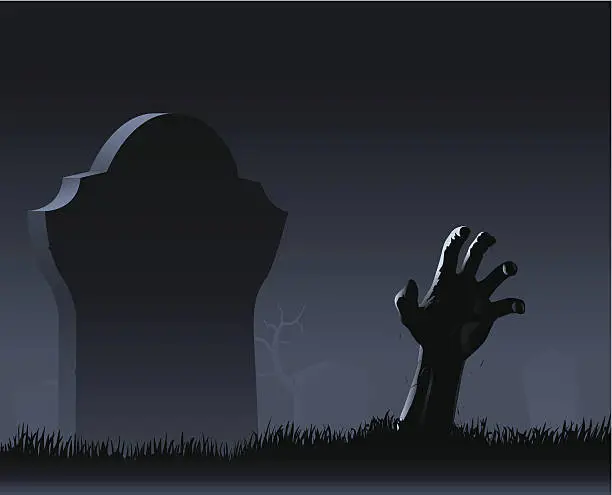 Vector illustration of Zombie hand & gravestone