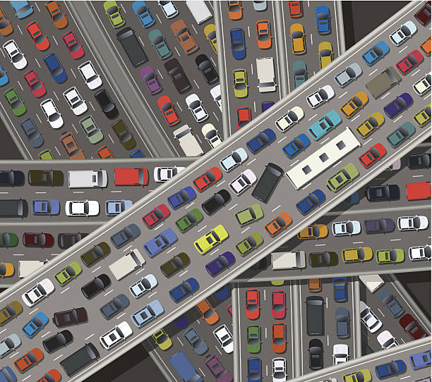 Gridlock Overlapping roads with vehicles bumper to bumper traffic stock illustrations