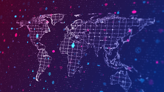 World map background. 4k video of Planet Earth rotating in Space. Random connection points around the world map. Useful for technology abstracts. Based on imagery from NASA.