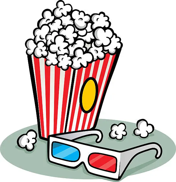 Vector illustration of Illustration of a box of popcorn with a pair of 3D glasses