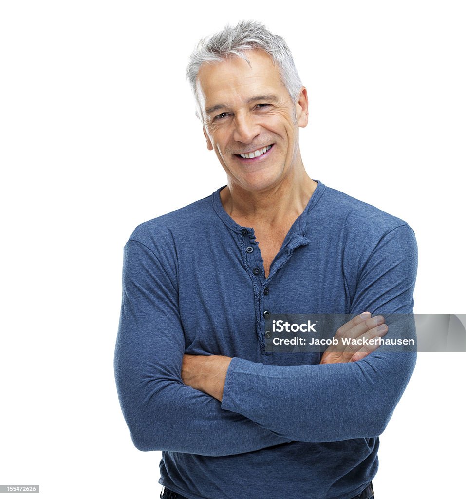 He's at his peak Portrait of a fit senior man smiling with arms crossed while isolated on white background Men Stock Photo