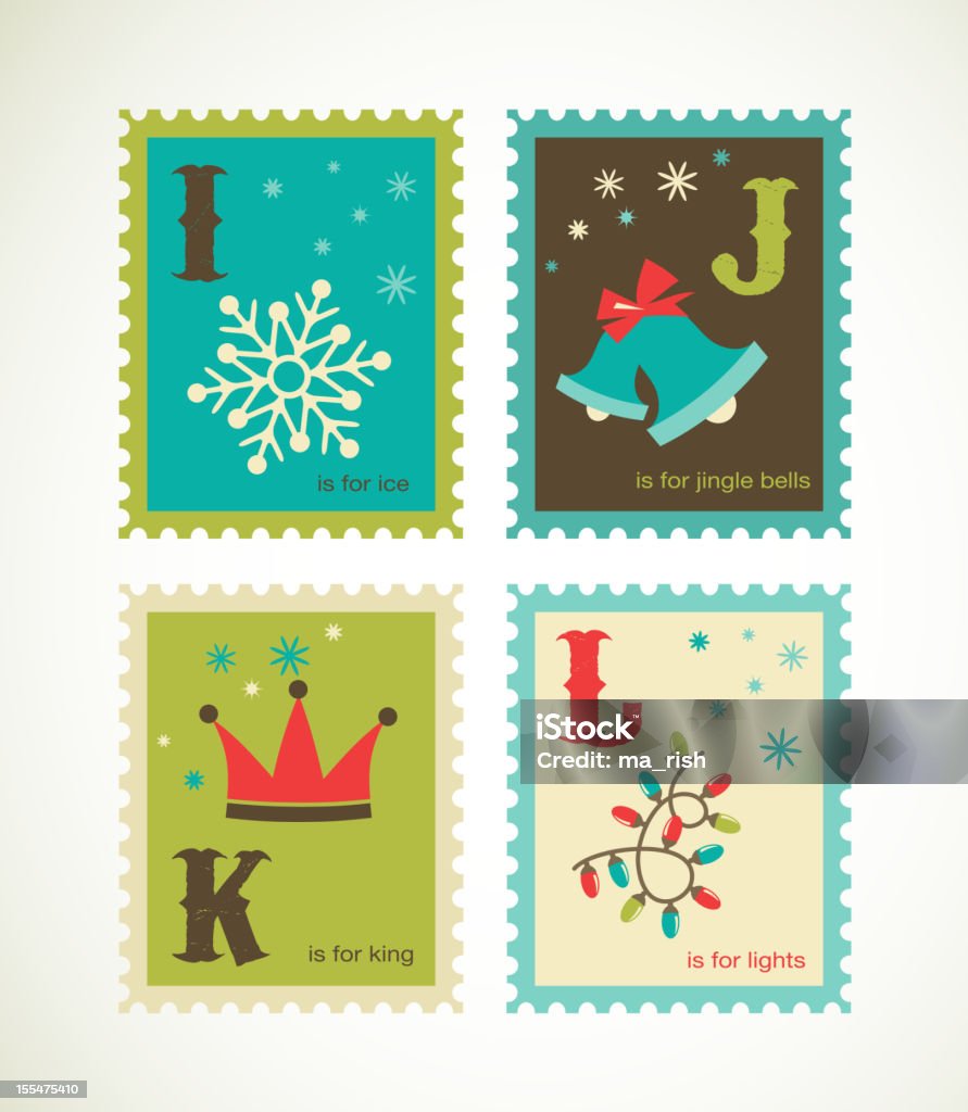 Alfabeto retrò di Natale con le icone di Carino - arte vettoriale royalty-free di Francobollo postale