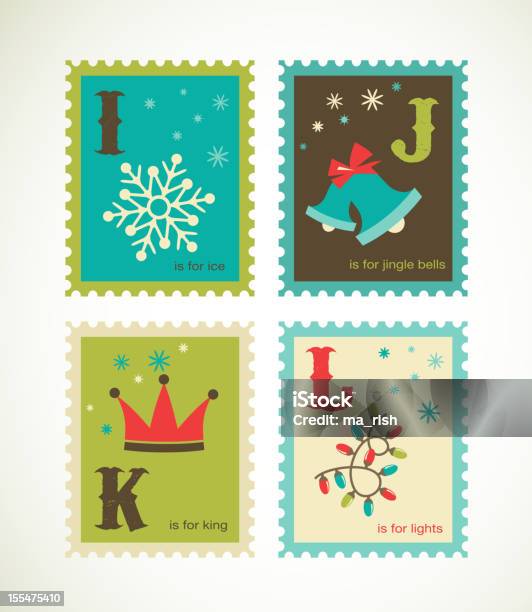 Alfabeto Engraçado Retro De Natal Com Ícones - Arte vetorial de stock e mais imagens de Natal - Natal, Selo Postal, Abstrato