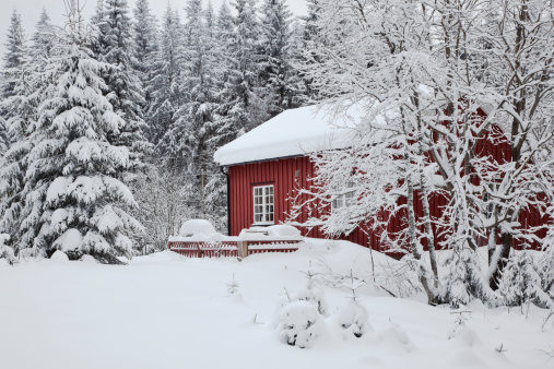 Red house in winter.