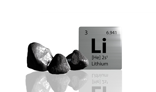 Lithium elements on a metal periodic table with greyish black Lithium on white background. 3D rendered icon and illustration.