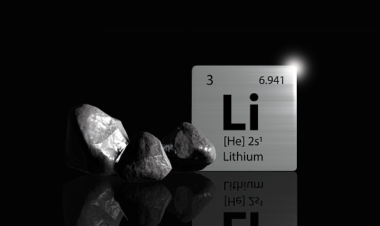 Lithium elements on a metal periodic table with greyish black Lithium on dark background. 3D rendered icon and illustration.