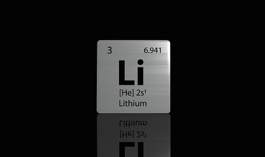 Lithium elements on a metal periodic table on dark background. 3D rendered icon and illustration.