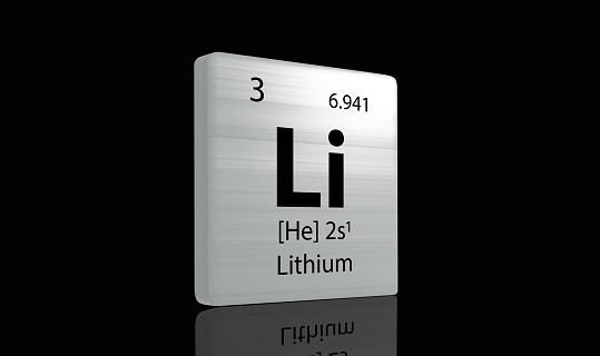 Lithium elements on a metal periodic table on dark background. 3D rendered icon and illustration.