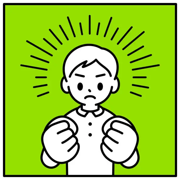 Vector illustration of A boy clenches his fists in anger, looking at the viewer, minimalist style, black and white outline