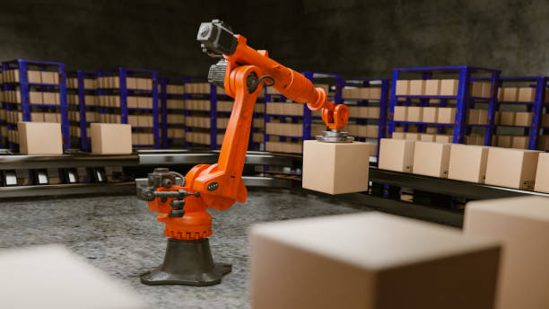 istock Arm Robot AI manufacture Box product Object for manufacturing industry technology Product export and import of future For Products, food, cosmetics, apparel warehouse mechanical future technology 1554831352