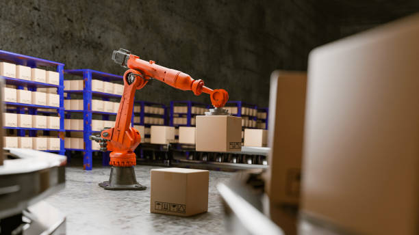 istock Arm Robot AI manufacture Box product Object for manufacturing industry technology Product export and import of future For Products, food, cosmetics, apparel warehouse mechanical future technology 1554831861