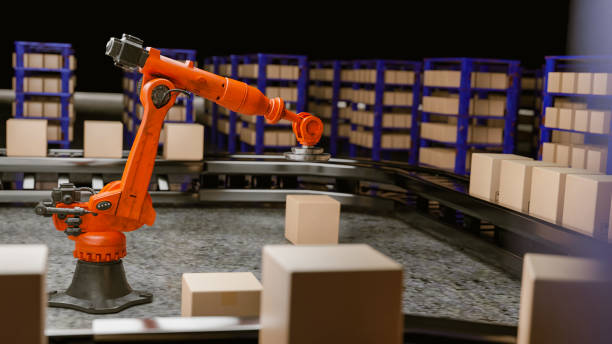 istock Arm Robot AI manufacture Box product Object for manufacturing industry technology Product export and import of future For Products, food, cosmetics, apparel warehouse mechanical future technology 1554831867