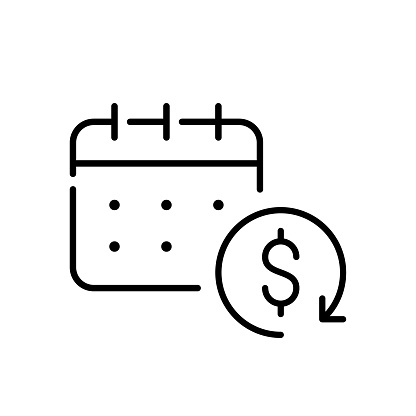 Monthly or weekly cash back payouts. Calendar with dollar reward sign. Pixel perfect, editable stroke icon