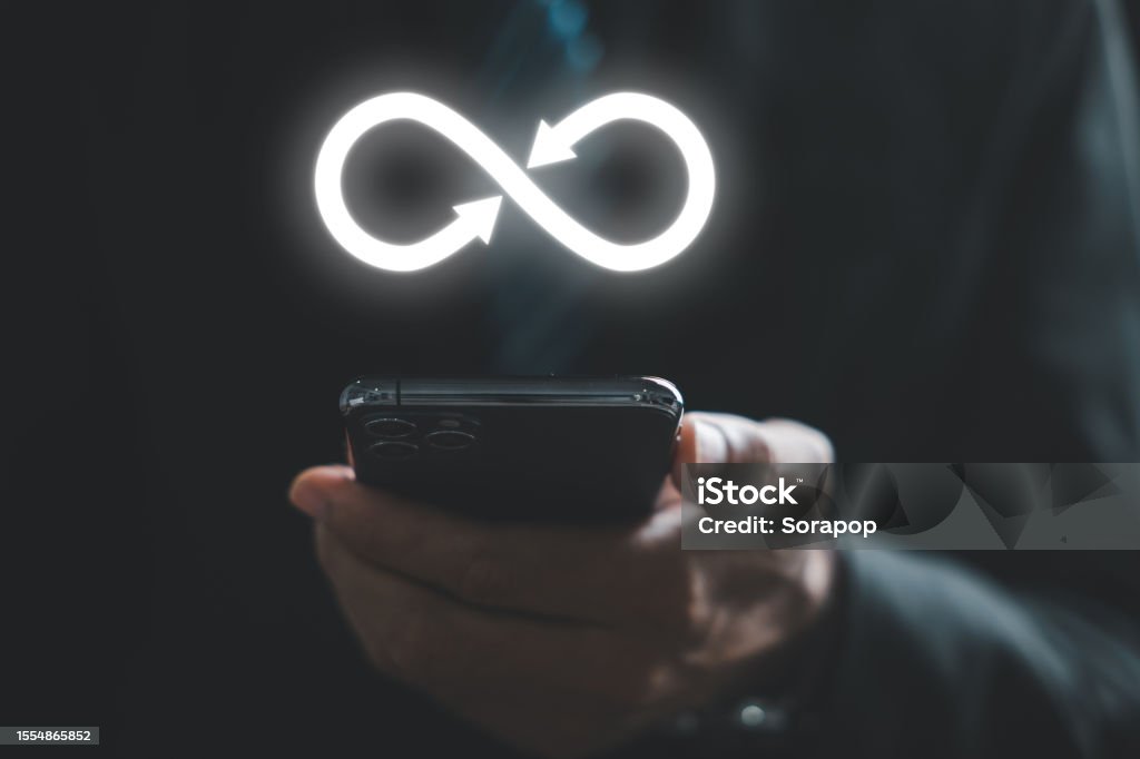 Infinity Phone Call Businessman Presents Smartphone With Infinity Symbol Stock Photo ...