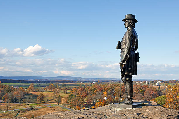 Gettysburg National Military Park The statue of Gen. G.K. Warren on Little Round Top at Gettysburg National Military Park,Pennsylvania,USA. gettysburg national military park stock pictures, royalty-free photos & images