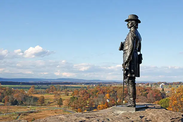 The statue of Gen. G.K. Warren on Little Round Top at Gettysburg National Military Park,Pennsylvania,USA.