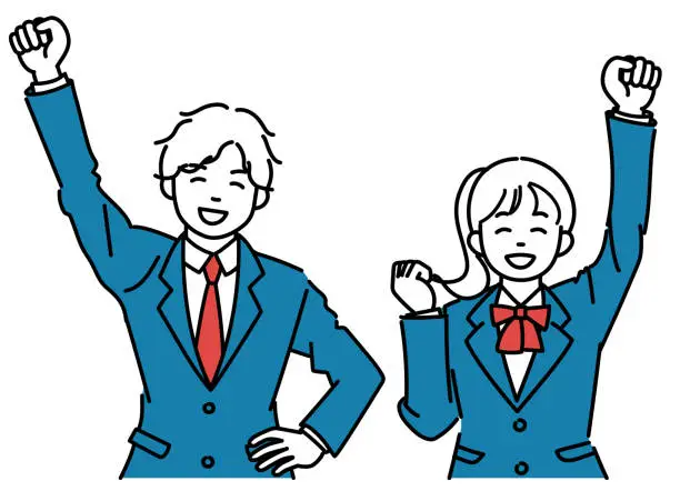 Vector illustration of Simple illustration of male and female students smiling and raising their fists high