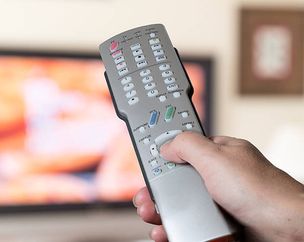 istock Close up of TV remote control with television 155492107