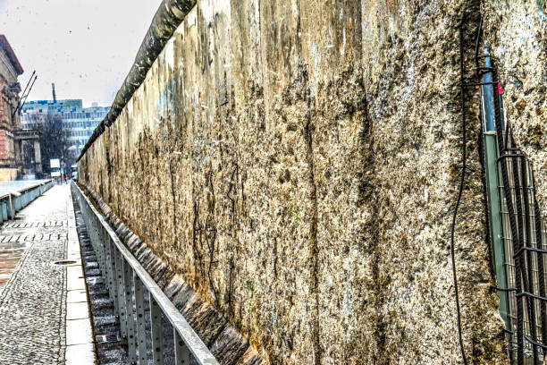 Remains of Berlin Wall Snowing Winter Public Park Berlin Wall. Wall Separated West Berlin from East Berlin of the East Germany from 1961 to 1989 to prevent East Germans in Communist East Berlin and East Germany to flee to Democratic West Berlin and West Germany. People shot for fleeing.