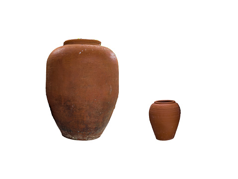 Two old brown earthenware jars large and small transparent background