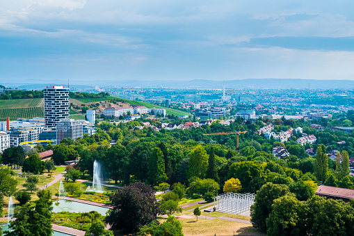 Germany, Stuttgart city  panorama aerial  view above killesberg houses, skyline, skyscrapers, landscape, trees, big city life mood in summer with sun