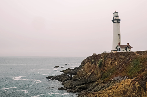 Pigeon point lighthouse on cloudy day, highway one, California, USA