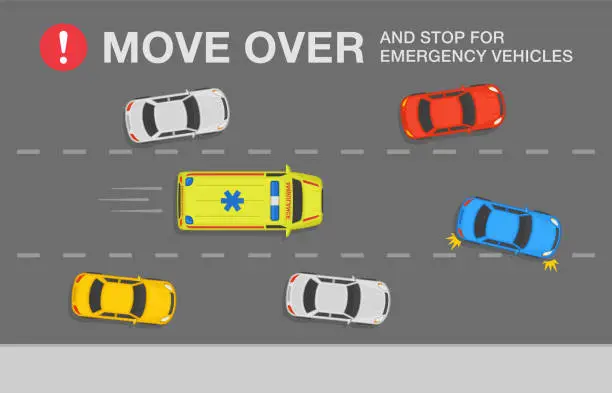 Vector illustration of Driving tips and rules. Move over and stop for emergency vehicles. Police, fire truck or ambulance.