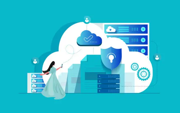Vector illustration of Cloud Computing with Business woman use cloud technology for communication.