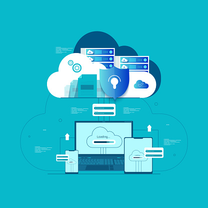 Isometric modern cloud technology and networking concept. Web cloud technology business. Internet data services vector illustration. stock illustration