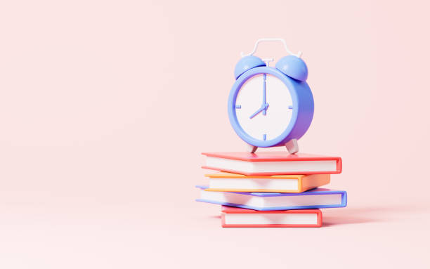 istock Cartoon alarm clock and books in the pink background, 3d rendering. 1554960144