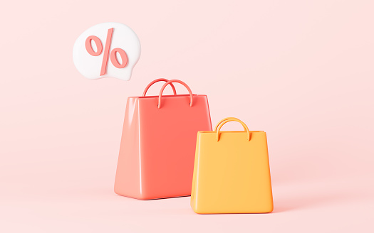 Shopping bags promotion and discount in the pink background, 3d rendering. Digital drawing.