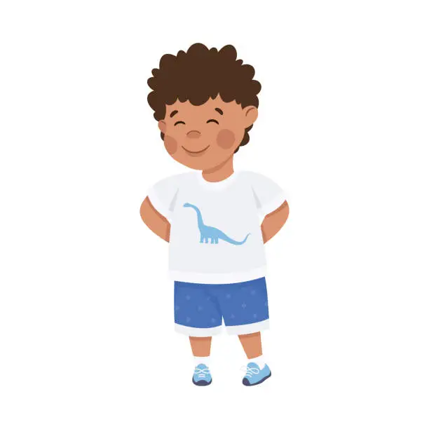 Vector illustration of Cute happy smiling little boy. Friendly dark haired curly boy dressed white t-shirt and blue shorts cartoon vector illustration