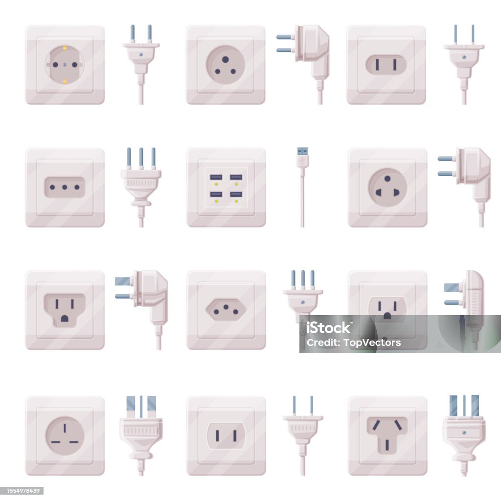 Plug Element Power Plugs And Sockets For Connecting Electric Equipment Vector Set ...