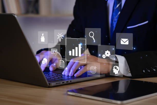Person working on computer with icons of planning schedule. budget, team work, scope, risks, strategy, project manager presenting management skills concept.