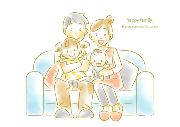 Vector illustration of happy family sitting on a sofa, watercolor illustrations