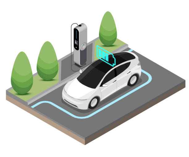 3DISO-002 EV Electric Car stop at Charging Station Ecology cut inside show Battery Concept isometric isolated vector hybrid car stock illustrations