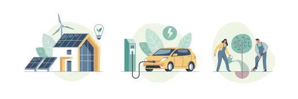 Vector illustration of Environmental care and use clean green energy from renewable sources concept. Vector illustration.