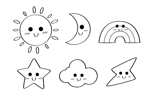Set of cute Kawaii doodle cartoon sky icons and objects-Sun, moon, rainbow, star, cloud, and lightning. The object in the sky. Vector illustration.