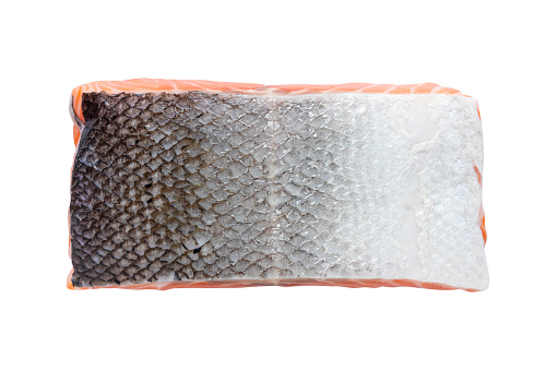 Top view of raw salmon skin isolated on a white background