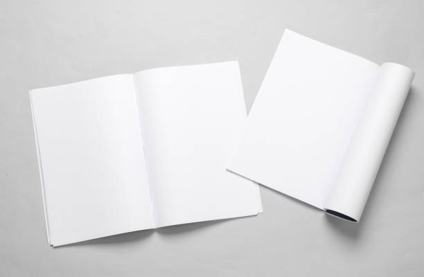 istock Mockup of two open magazines with white open pages on a gray background. Template for design 1555044734