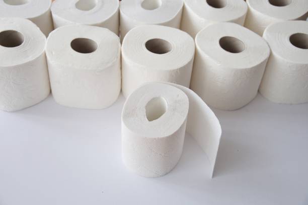 istock Toilet paper on white background 1555057899