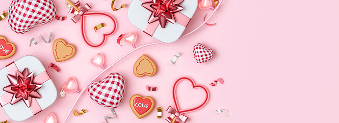 Valentines Day with heart shaped balloons, gift box and ball light decorate . Holiday illustration banner with copy space for valentine and mother day design. 3d rendering illustration.