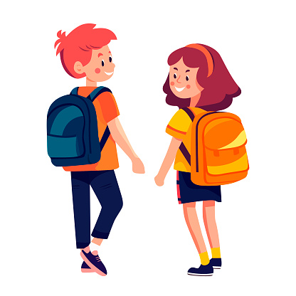Two students with briefcases go to school. Happy boy and girl. Back view.