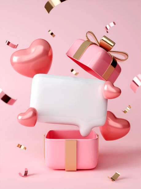 White Paper Speech Bubble With Pink Hearts with gift box open. Valentine's day Background. 3d rendering illustration