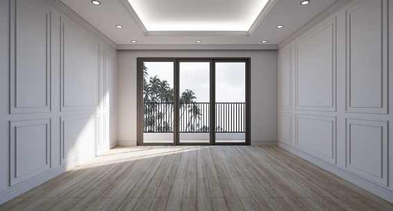 interior empty room classic style wooden floors and light gray walls decorated gray aluminum window There are looking out to see the nature coconut trees near the sea and sky view in 3D rendering.