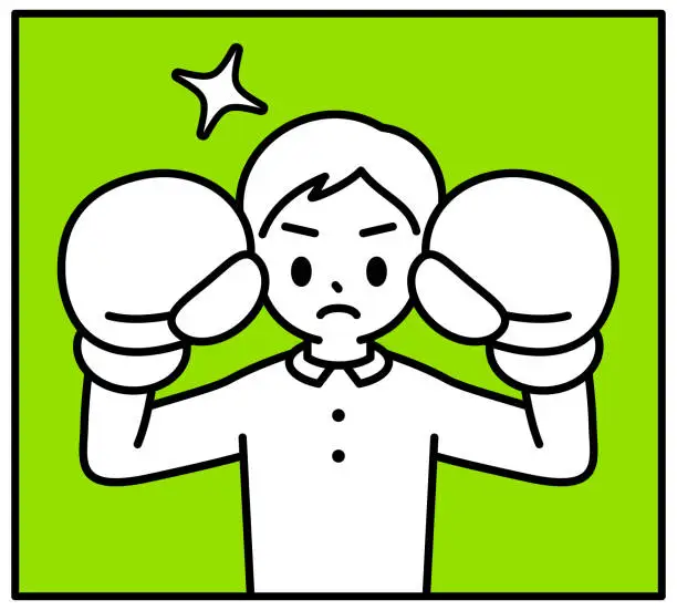 Vector illustration of A boy in boxing gloves is ready to fight, looking at the viewer, minimalist style, black and white outline