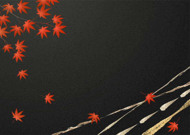 ilustracja przedstawiająca czerwone gałęzie i liście klonu japońskiego, złote pociągnięcia pędzla i czarne tło z japońskiego papieru. formatu a4. - black background panoramas fall flowers stock illustrations