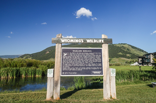 Information Sign at Jackson Visitor Center in Jackson Hole of Teton County, Wyoming, with information about the local wildlife and trademarked symbols.